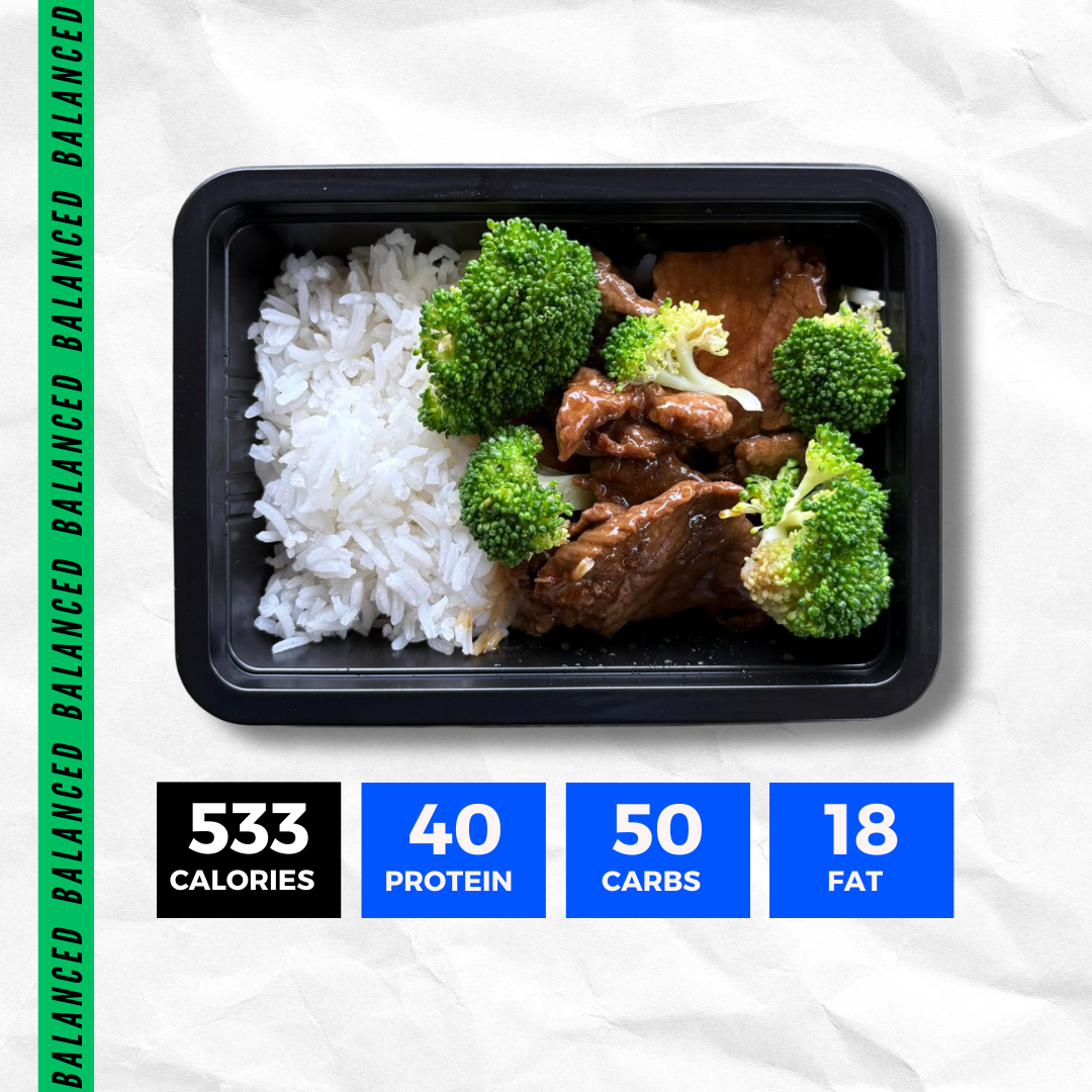BEEF AND BROCCOLI STIR FRY AND RICE (BALANCED)